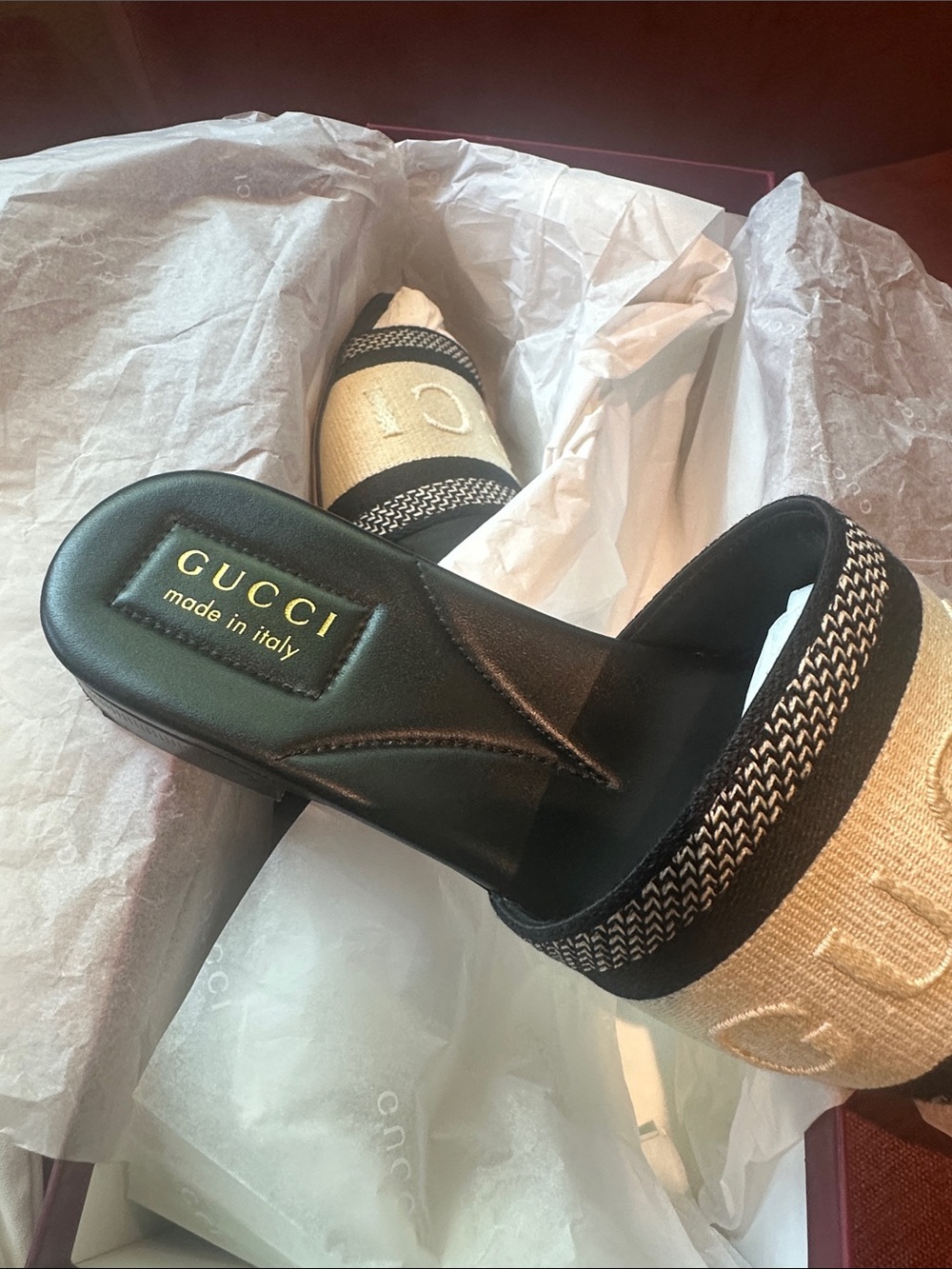Gucci Beige and Black Embroidered Logo Slide Mules - Picture 7 of 8